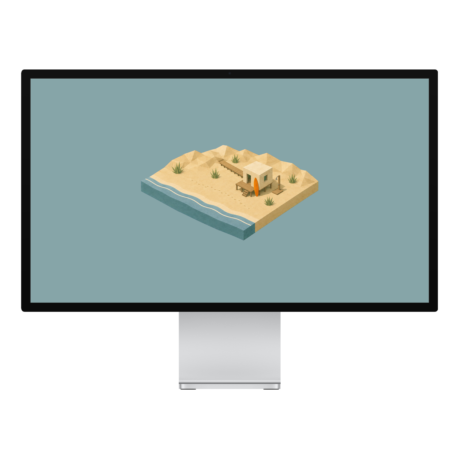 Living on the Beach isometric wallpaper displayed on a desktop monitor