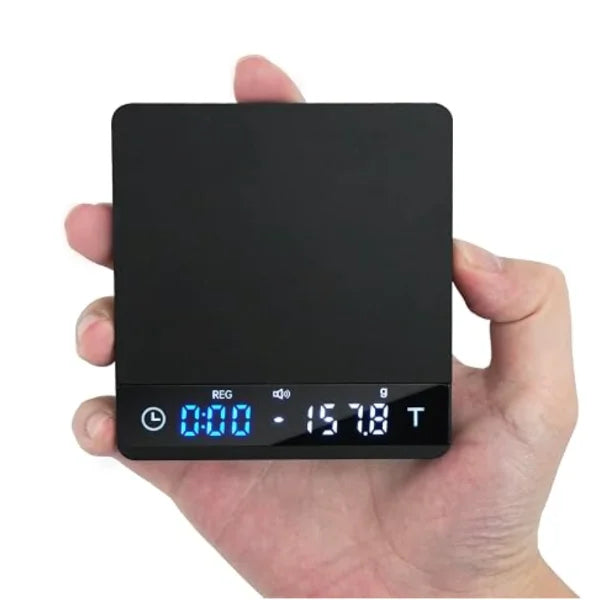 Black metal coffee scale with blue timer display