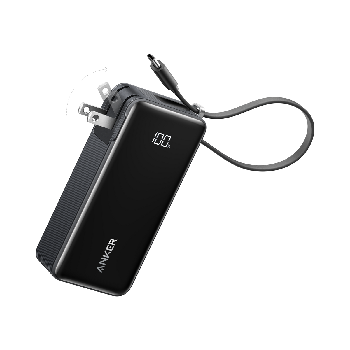 Black Anker Nano 10,000mAh 3-in-1 power bank with built-in USB-C cable and foldable wall plug
