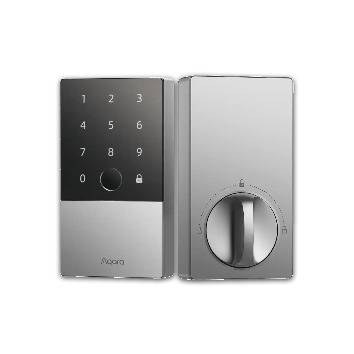 Aqara U100 smart lock in silver with its fingerprint reader and touch keypad