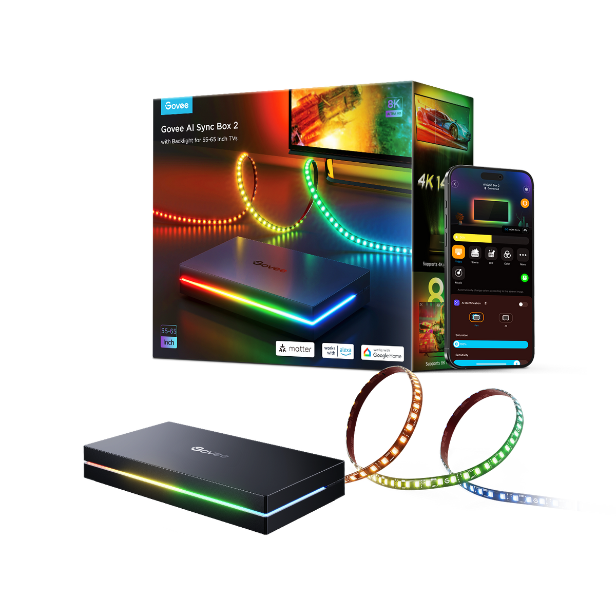 Govee AI Sync Box Kit 2 with the HDMI sync box and TV light strip