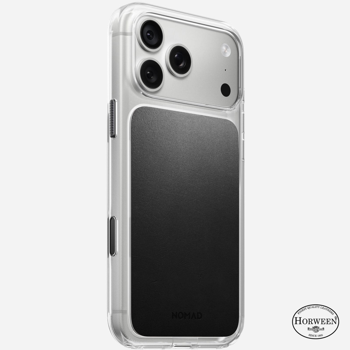 Nomad clear leather case with black Horween leather on an iPhone 18 Pro