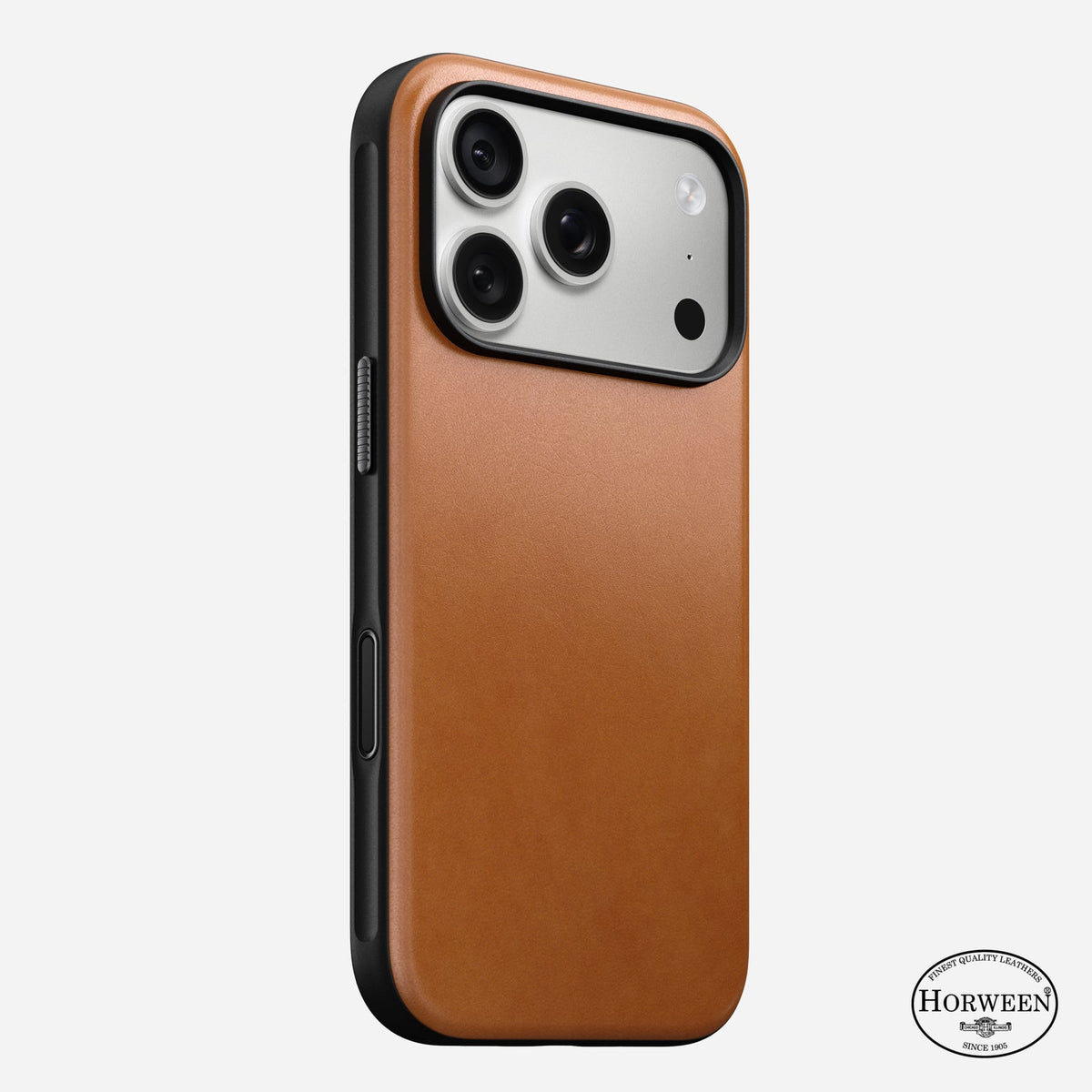 Nomad modern leather case in Saddle Horween leather on an iPhone 18 Pro