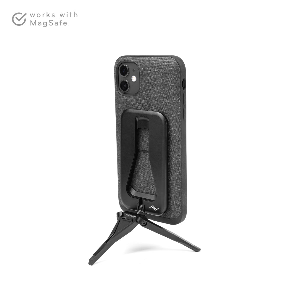 Black Peak Design Mobile Tripod supporting an iPhone in portrait orientation