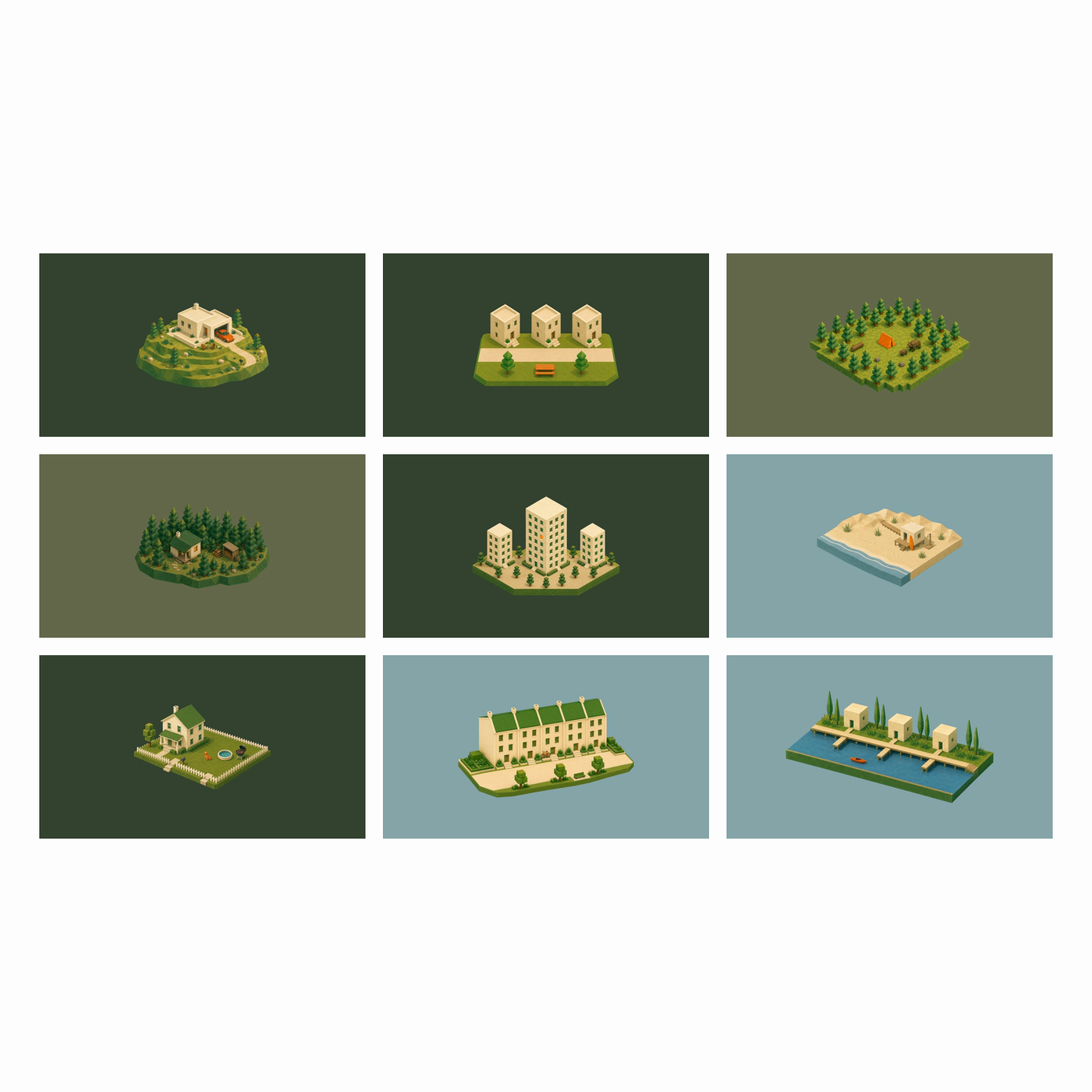 A grid of colorful isometric places to live